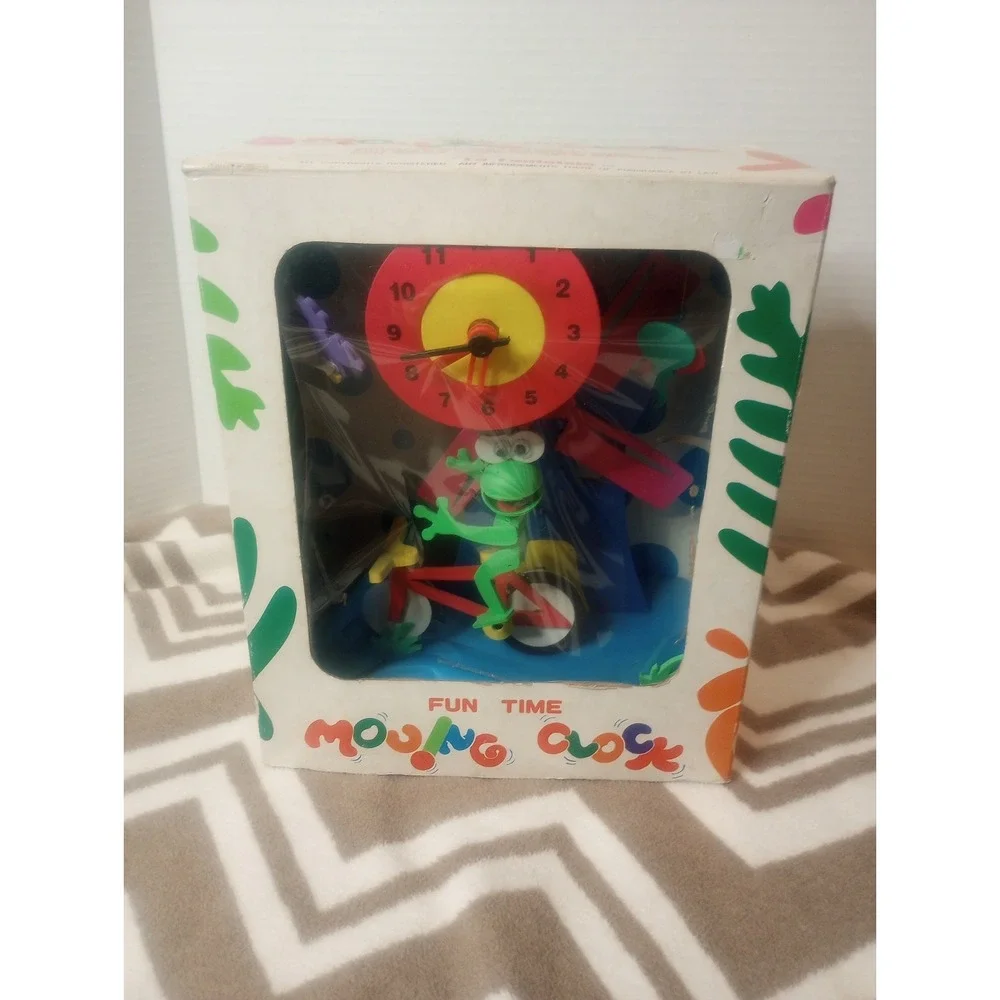 La Fantaisie Fun Time Moving Clock Toy Frog On Bicycle In Box Collector Vtg